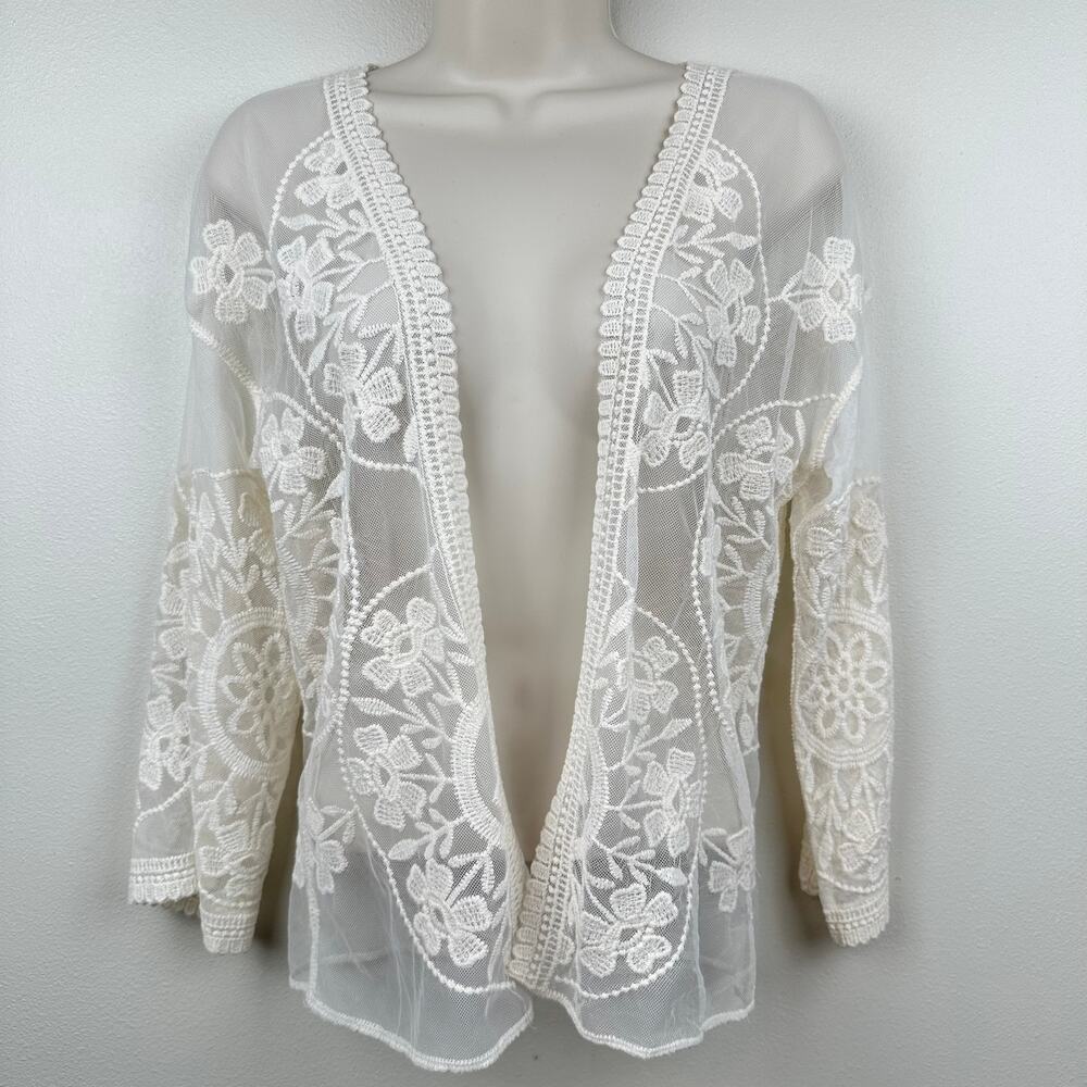 Embroidered Sheer Mesh Lace Open Cardigan Floral Cream M Cottagecore Festival - Picture 5 of 10